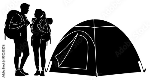 Couple with backpacks stands near a pitched camping tent outdoors