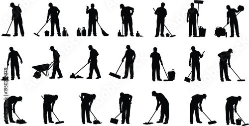 Cleaning worker silhouettes set, janitor and sanitation staff using broom mop bucket tools, housekeeping maintenance service concept, industrial cleaniworkforce, black silhouette vector illustration