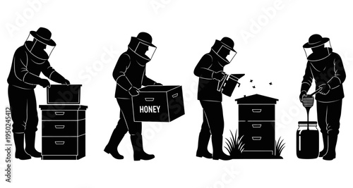 Black and white illustration depicting beekeepers working with beehives and honey
