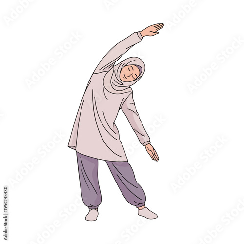 Woman in hijab stretching sideways with one arm raised
