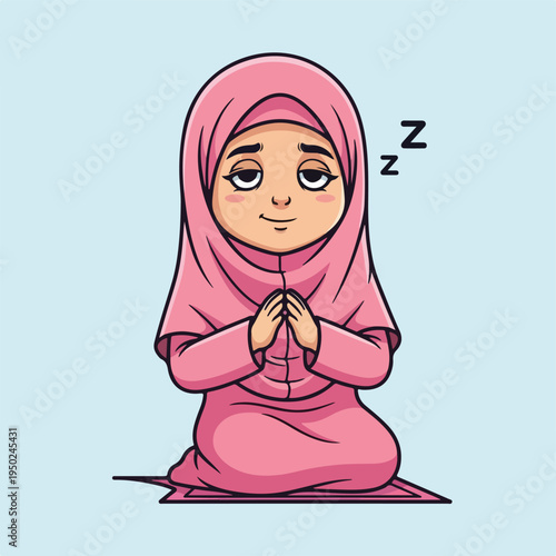 Cute Muslim girl in pink hijab falling asleep while praying