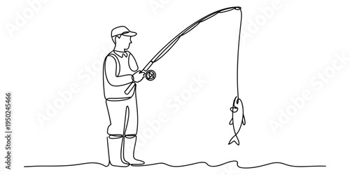 Continuous line drawing of a fisherman holding a rod and catching a small fish in the water