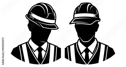 Two black and white silhouettes of construction workers wearing hard hats