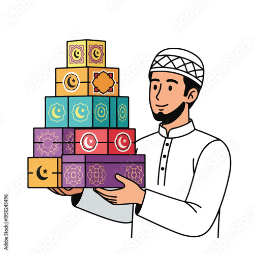 Man holding Ramadan Kareem gift boxes with moon and star patterns