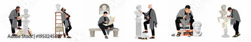 Collection of flat illustrations showing men engaged in classical studies, philosophy, and history with ancient busts, scrolls, and modern technology.