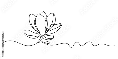 A single continuous line drawing of a blooming magnolia flower with elegant and simple curves