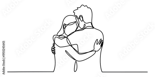 A single continuous line drawing of a loving young couple embracing each other in a tender moment