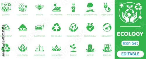 Ecology and green energy solid  icon set. Features solar panel, waste sorting, forest, and electric car symbols. Ideal for recycling apps and green tech UI and perfect icons collection.
