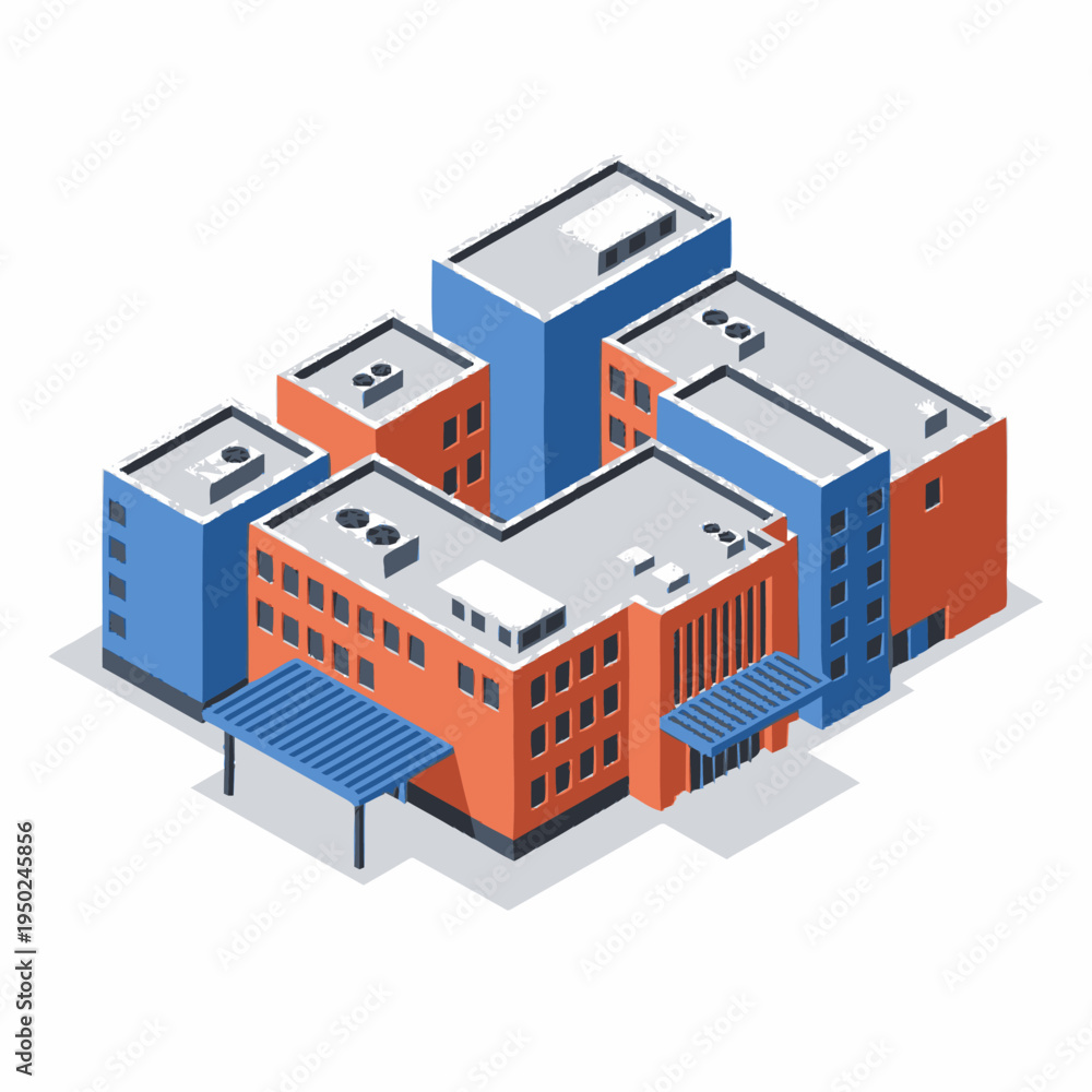 Fototapeta premium Isometric illustration of a modern office building complex with orange and blue facades, featuring multiple stories and rooftop units.