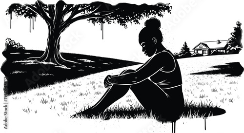 Silhouette woman sitting under tree in countryside landscape, peaceful rural scene with farmhouse, monochrome ink style illustrationSilhouette woman sitting under tree in countryside landscape, peacef