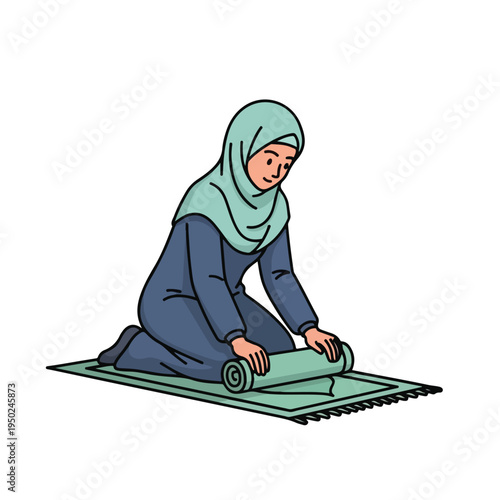 Woman in hijab rolling up prayer mat on floor