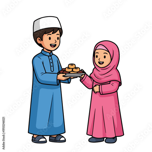 Muslim kids sharing traditional food on white background