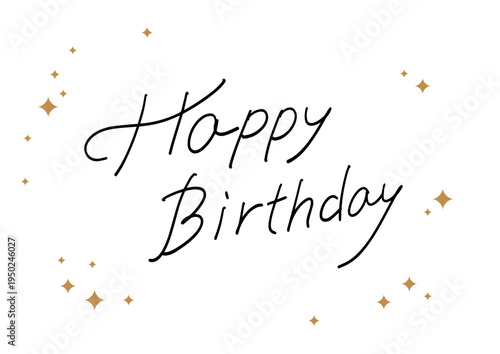 Happy Birthday handwritten vector lettering with gold confetti, minimal celebration greeting design