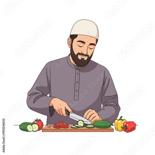 Man wearing a white cap slicing cucumber on a wooden board with vegetables