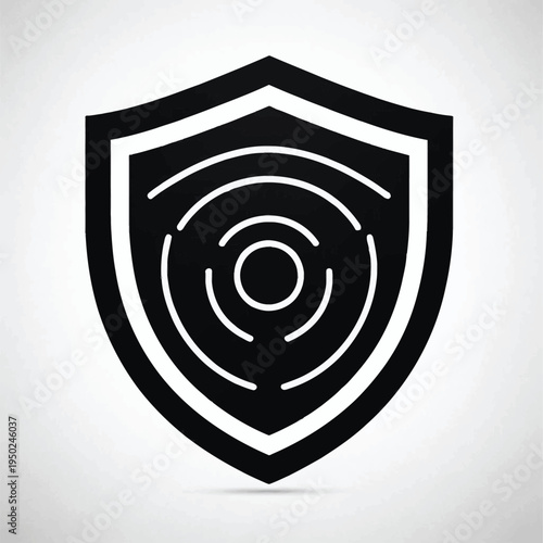 Black and white vector shield icon with concentric circles on a gray background, part of a modern icon set.