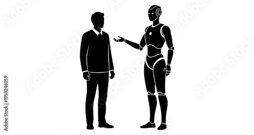 A silhouetted man interacts with a futuristic robotic female figure