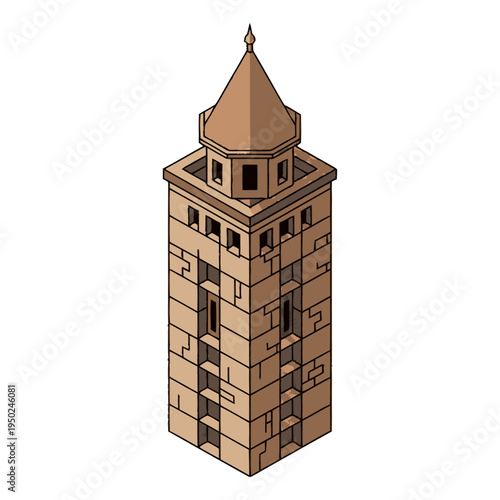 Isometric illustration of a tall, square stone tower with a conical roof and small windows, rendered in a pixel art style.