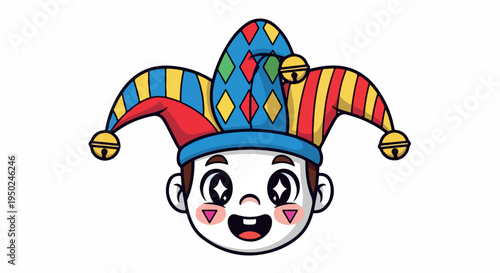 Cartoon illustration of a jester's head with a colorful hat and a cheerful expression against a plain white background.
