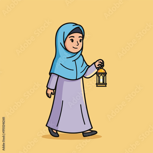 Woman wearing hijab holding lantern walking alone on yellow background