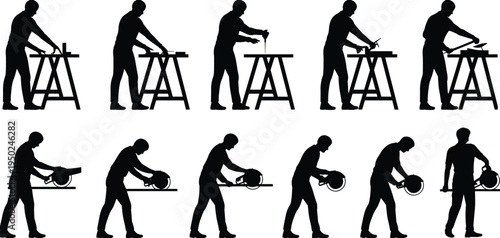 Industrial worker cutting metal silhouettes sequence, technician using circular saw and workshop table tools, fabrication process concept, construction maintenance, black silhouette vector illustra