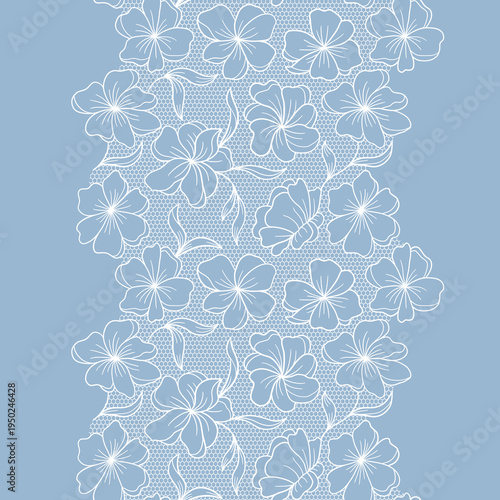 White vintage trim on blue background. Wedding white lace border. Seamless Trim Design