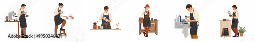 Set of flat vector illustrations featuring diverse baristas preparing and serving various coffee drinks in a stylish modern cafe environment.