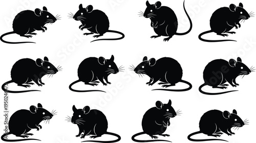 Black mouse silhouette collection, rat vector illustration set, rodent animal icons, pest control design, isolated cartoon mice artwork