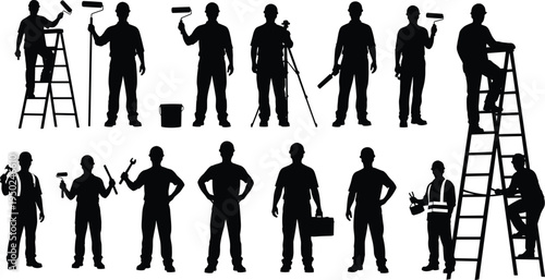 Painter and construction worker silhouettes set, professional handyman using paint roller ladder and tools, home renovation service concept, industrial maintenance workforce, black vector illustration
