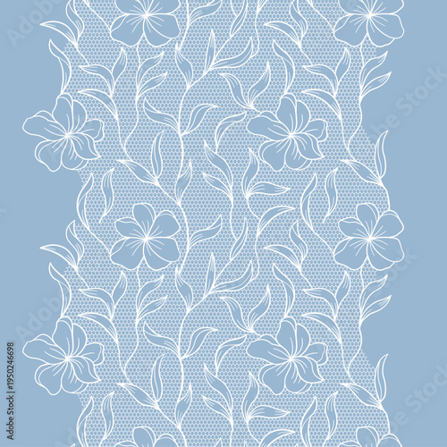 White vintage trim on blue background. Wedding white lace border. Seamless Trim Design