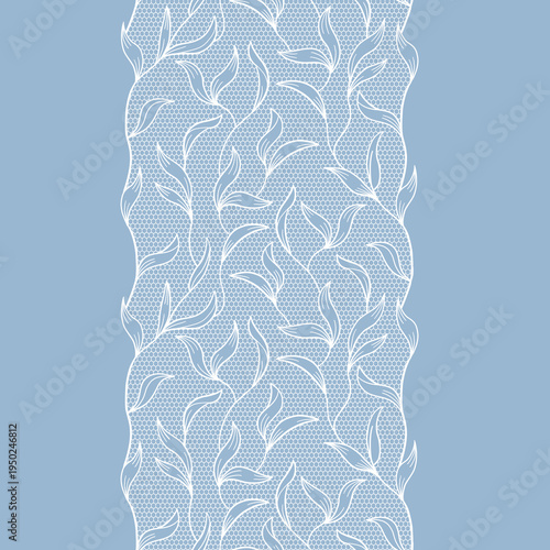 White vintage trim on blue background. Wedding white lace border. Seamless Trim Design