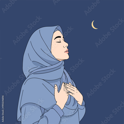 Woman in hijab praying under crescent moon at night