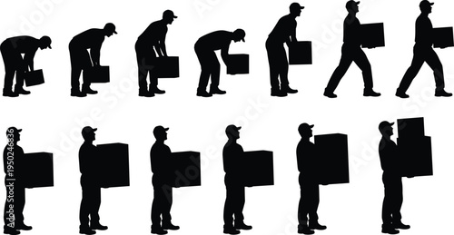 Worker lifting and carrying box silhouettes sequence, manual labor package handling process, warehouse delivery worker steps, logistics workforce concept, black silhouette vector illustration