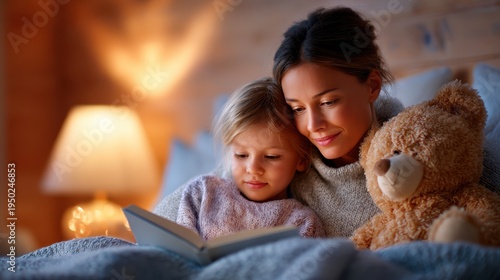 Mother reading bedtime story to young daughter in cozy bed at night with warm lamp light and plush toy creating calm family moment