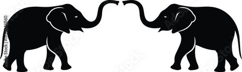 Black silhouette elephants facing each other with trunks touching, symmetrical mirrored composition symbolizing unity, connection, balance, artistic design