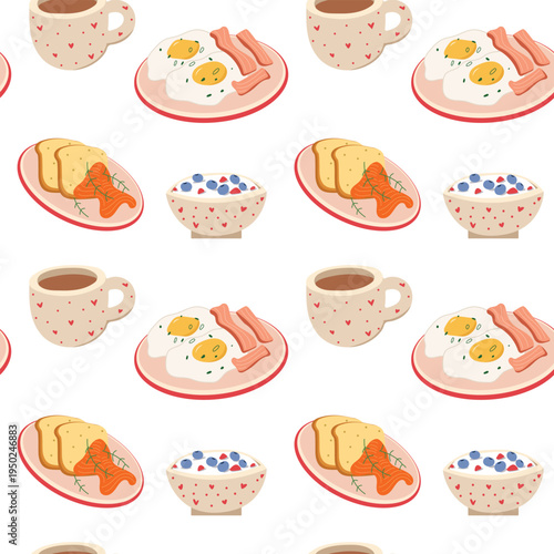 Breakfast food seamless pattern with pancakes and fried eggs