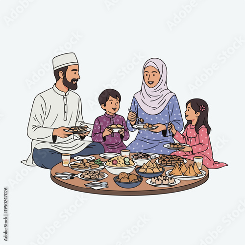 Muslim family enjoying traditional meal together at home
