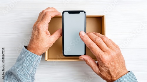 Senior hands placing smartphone into cardboard box on white table as digital detox break from phone and internet