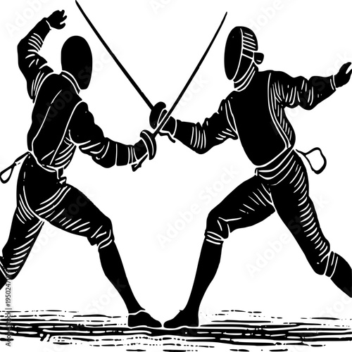 Dynamic Duel: A dramatic silhouette captures the essence of a fencing match, two figures poised in mid-action with their foils. The artwork is perfect for representing focus, precision and sportiness.