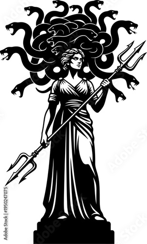 Medusa Gorgon with trident full body statue pedestal woodcut
