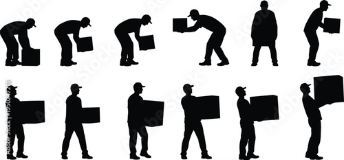 Worker lifting box silhouettes sequence, manual labor handling package steps, warehouse loading process, delivery worker carrying carton, industrial workforce, black silhouette vector illustration