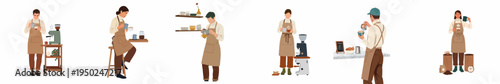Set of diverse professional baristas preparing specialty coffee and latte art in a minimalist flat vector illustration style