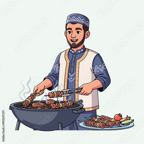 Man in traditional clothing grilling meat on barbecue