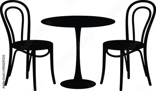 Black silhouette of vintage café chairs and round table, minimalist furniture design, elegant seating arrangement, classic bistro style, interior decor
