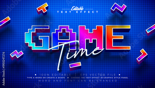 Game Time Editable Text Effect Design Vector Graphic Style with Scalable 3d Retro Video Game Typography Lettering on Blue Checkered Background. Premium Leisure and Recreation Illustration Template