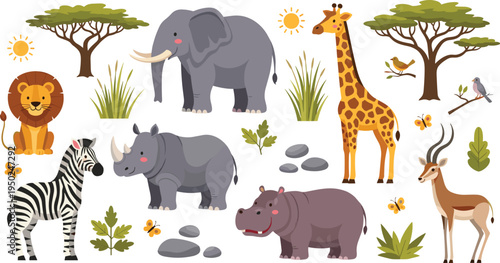 African Safari Animals Including Elephant, Giraffe, Lion, Rhino, Zebra, and Antelope in a Savanna Landscape IllustrationAfrican Safari Animals Including Elephant, Giraffe, Lion, Rhino, Zebra, and Ante