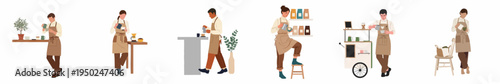 Set of flat illustrations of professional baristas in aprons preparing various coffee drinks in a cafe and at a mobile coffee cart.