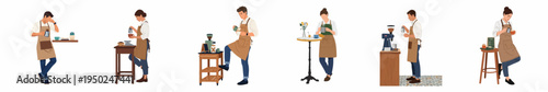 Flat vector illustration set of professional baristas in aprons preparing coffee, performing latte art and working at a modern cafe counter.