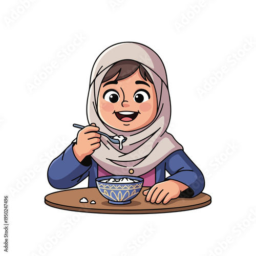 Cartoon girl in headscarf eating cereal or oatmeal from a bowl
