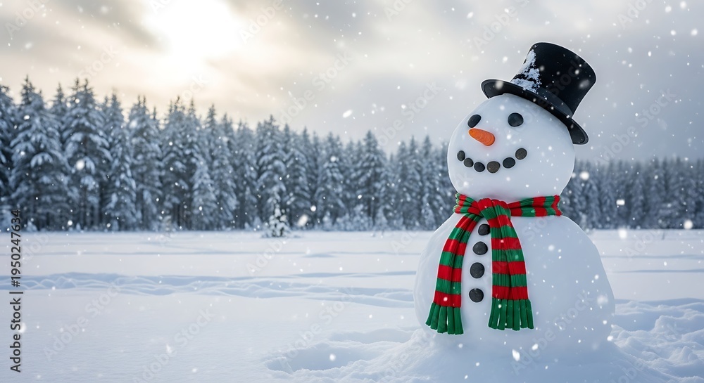 Obraz premium Cheerful snowman wearing a top hat and striped scarf stands in a snowy winter landscape