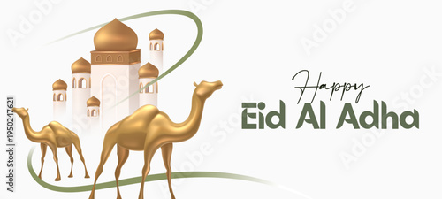  Eid Adha Greeting Banner with Golden Camels, 3D Golden Mosque Illustration and Elegant Green Wave Accent